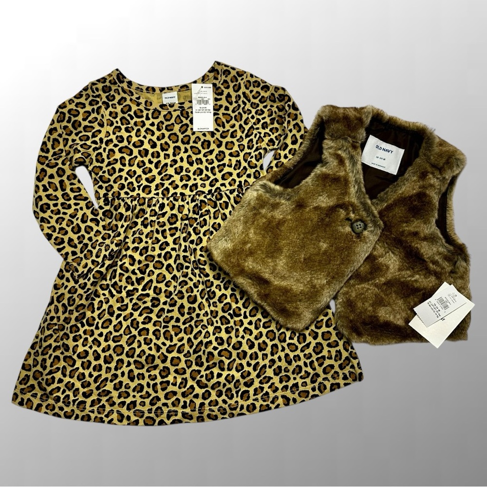 NWT, Old Navy Leopard Dress with Faux Fur Vest / Size: 18-24 Months